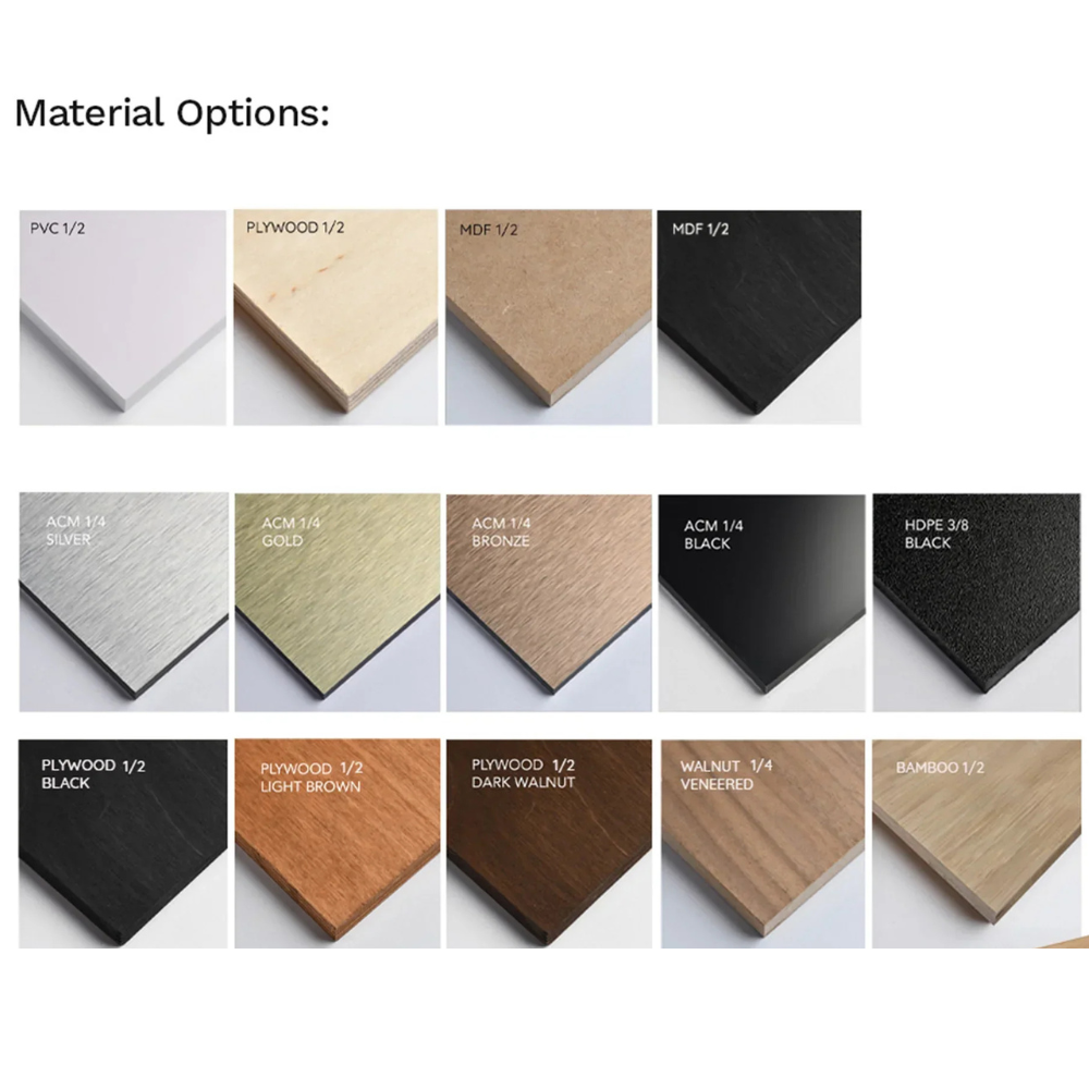 Various material options displayed in a grid with labels.